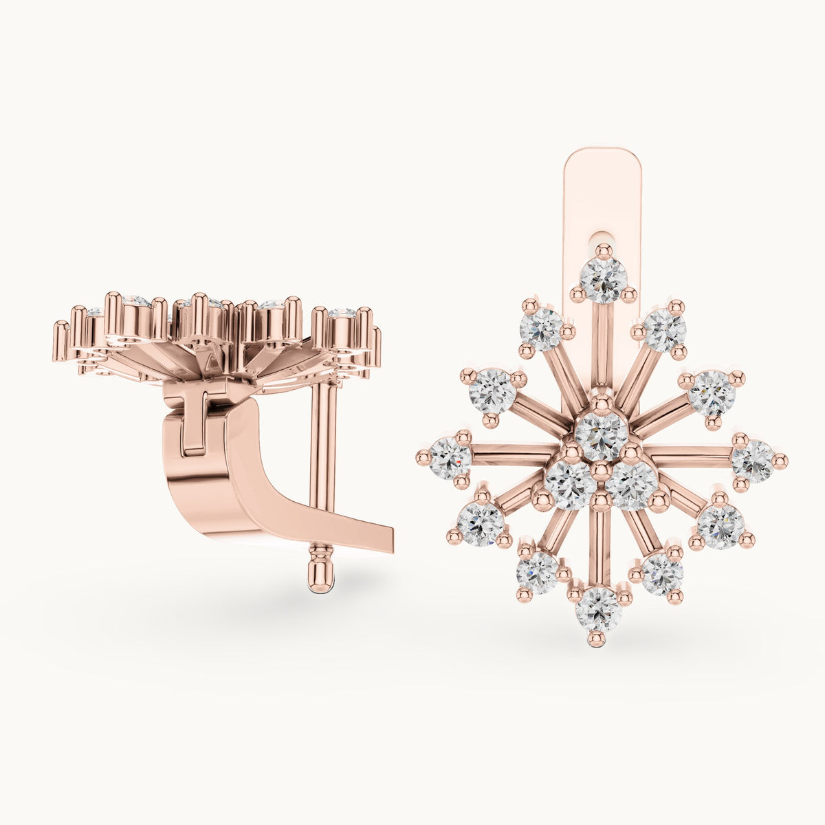 Round lab-grown diamond snowflake burst stud earrings in rose gold, 0.546 CT TW, view 1