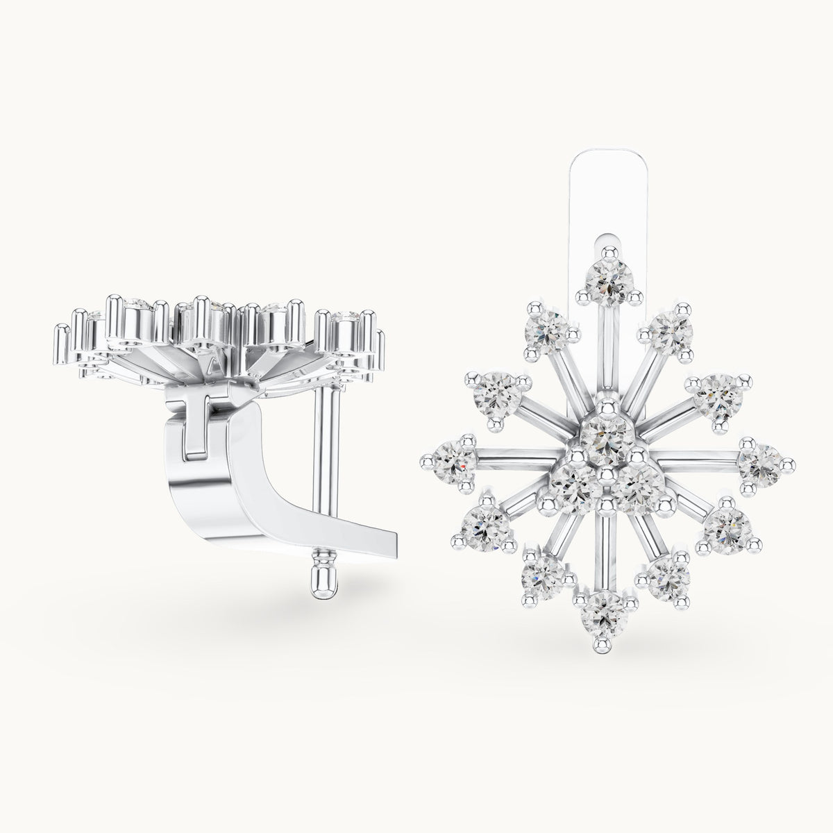 Round lab-grown diamond snowflake burst stud earrings in white gold, 0.546 CT TW, view 1