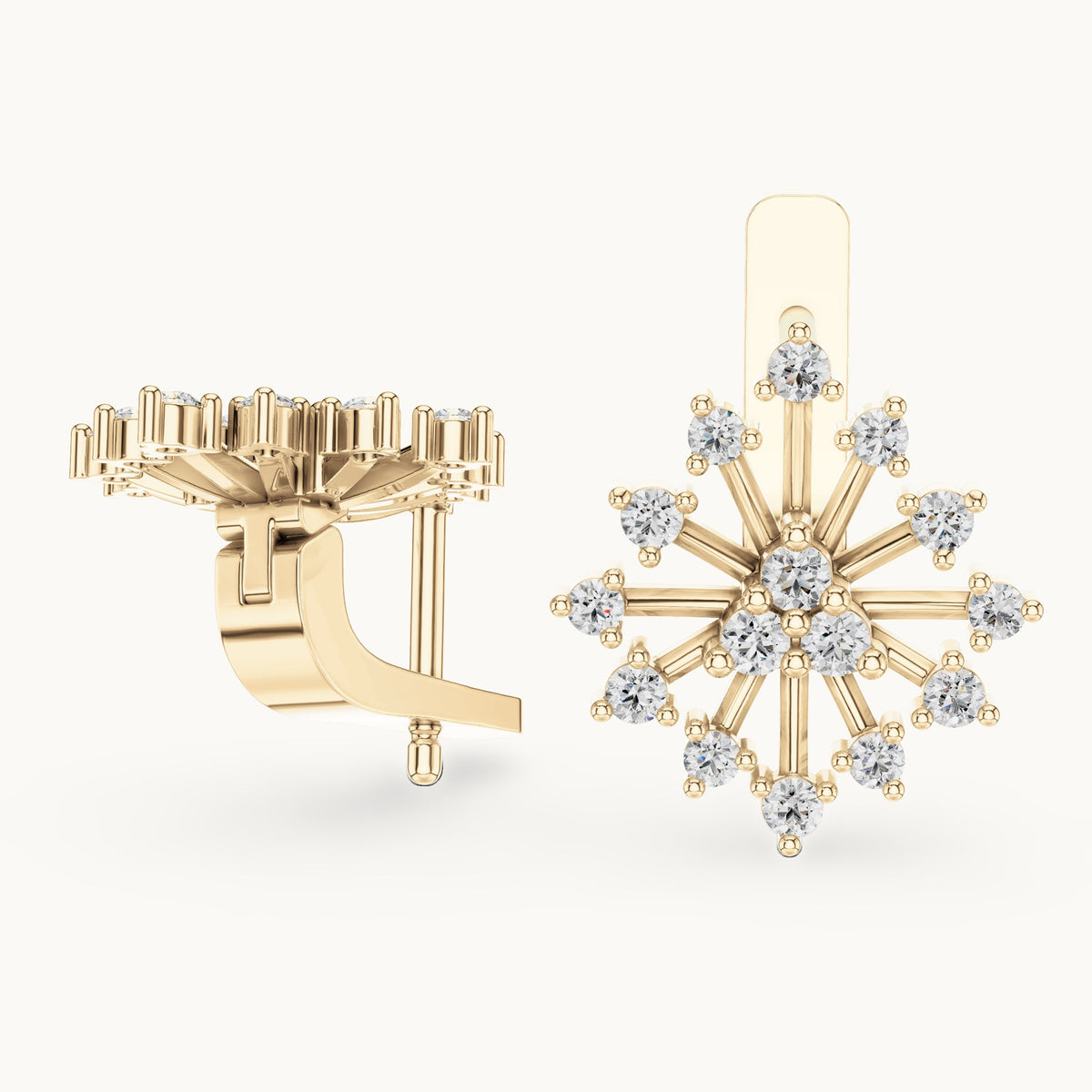Round lab-grown diamond snowflake burst stud earrings in yellow gold, 0.546 CT TW, view 1