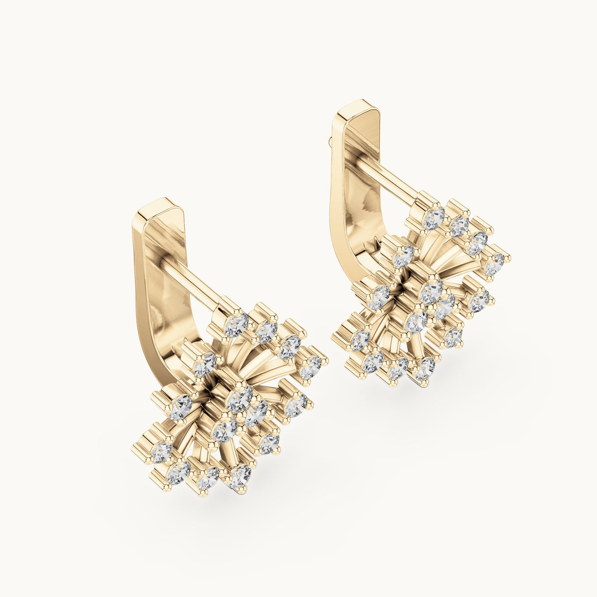 Round lab-grown diamond snowflake burst stud earrings in yellow gold, 0.546 CT TW, view 2