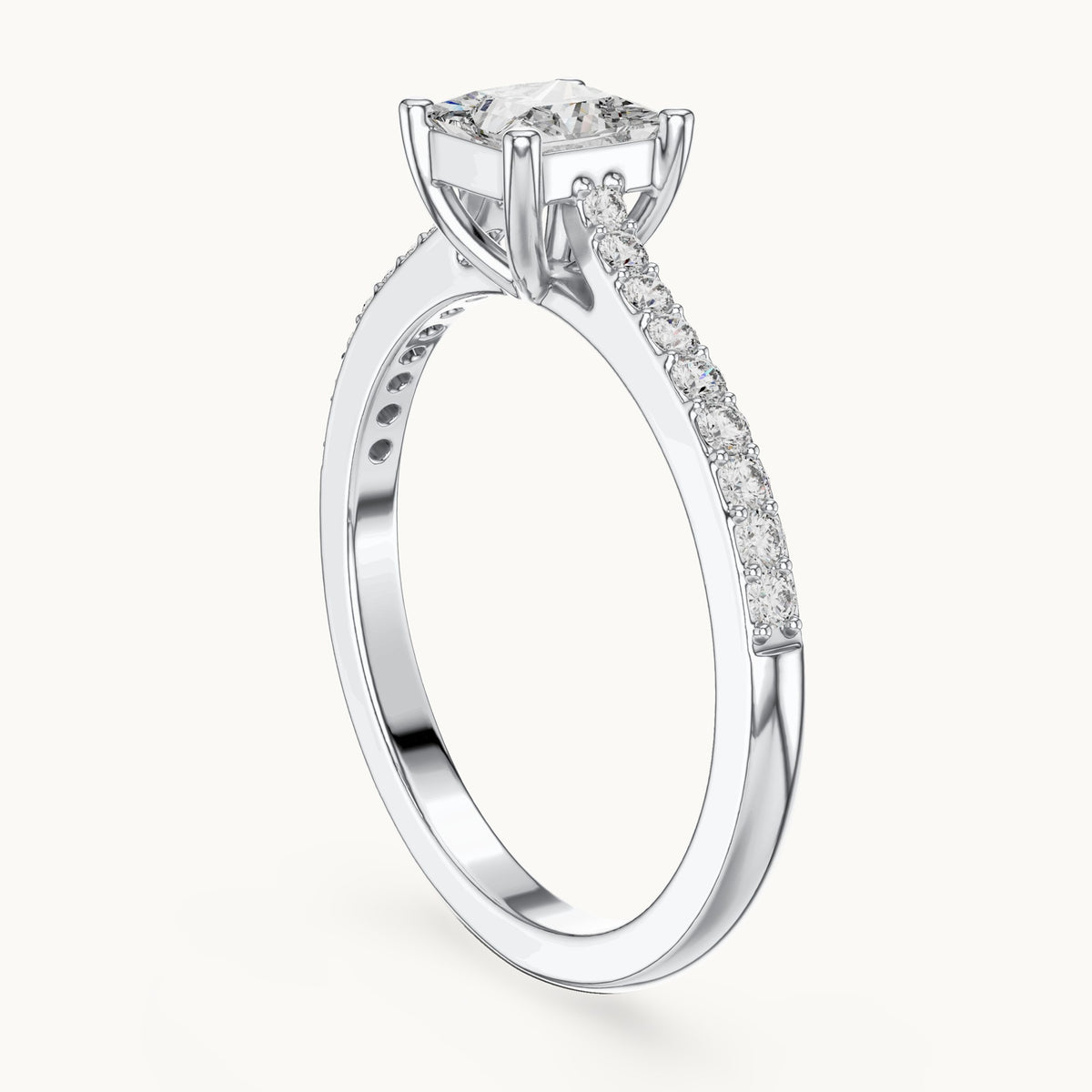 Princess-cut and round lab-grown diamond pavé engagement ring in white gold, 0.61 CT TW, view 1