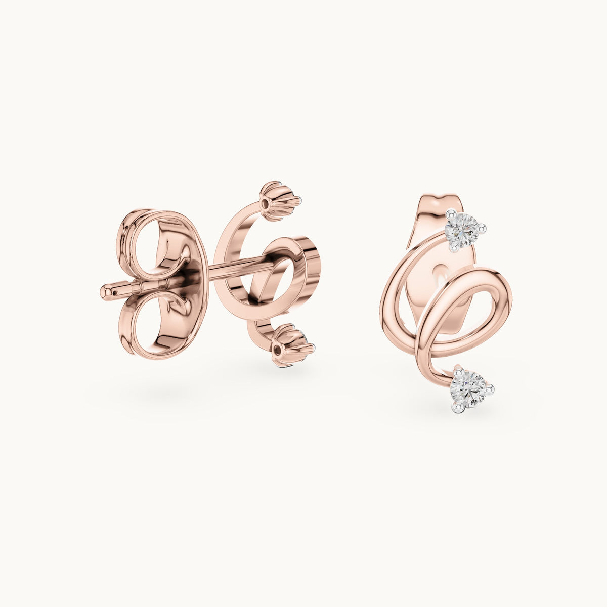 Round lab-grown diamond open swirl stud earrings in rose gold, 0.072 CT TW, view 1