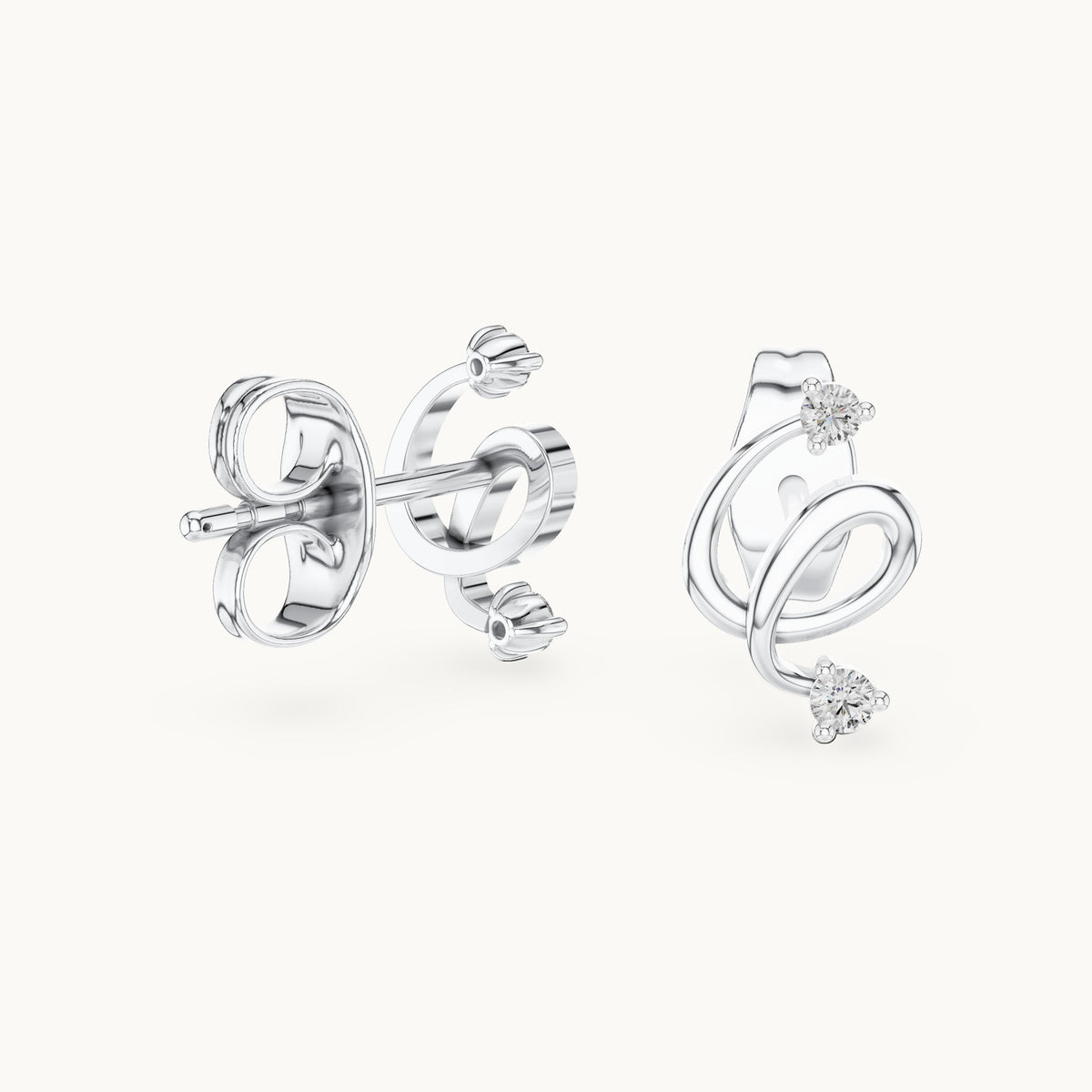 Round lab-grown diamond open swirl stud earrings in white gold, 0.072 CT TW, view 1