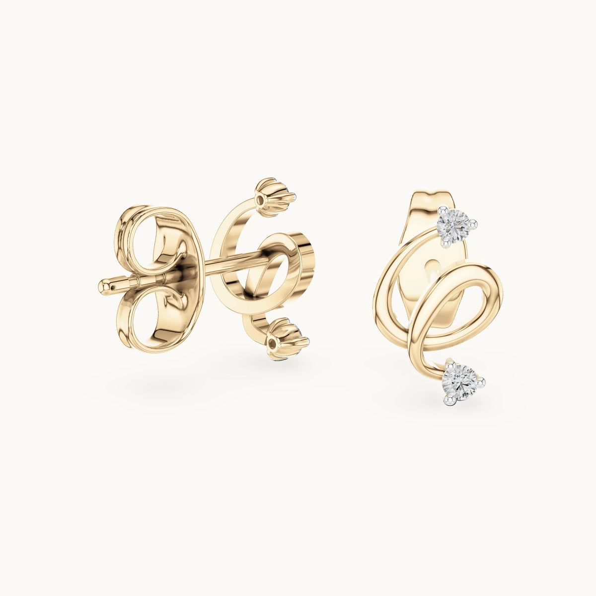 Round lab-grown diamond open swirl stud earrings in yellow gold, 0.072 CT TW, view 1