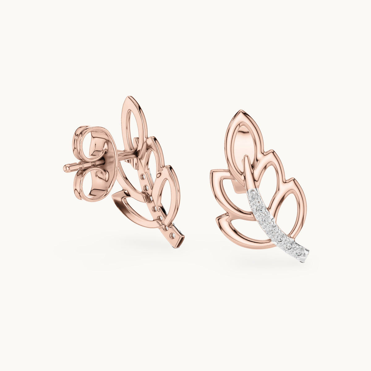 Round lab-grown diamond open leaf stud earrings in rose gold, 0.070 CT TW, view 1