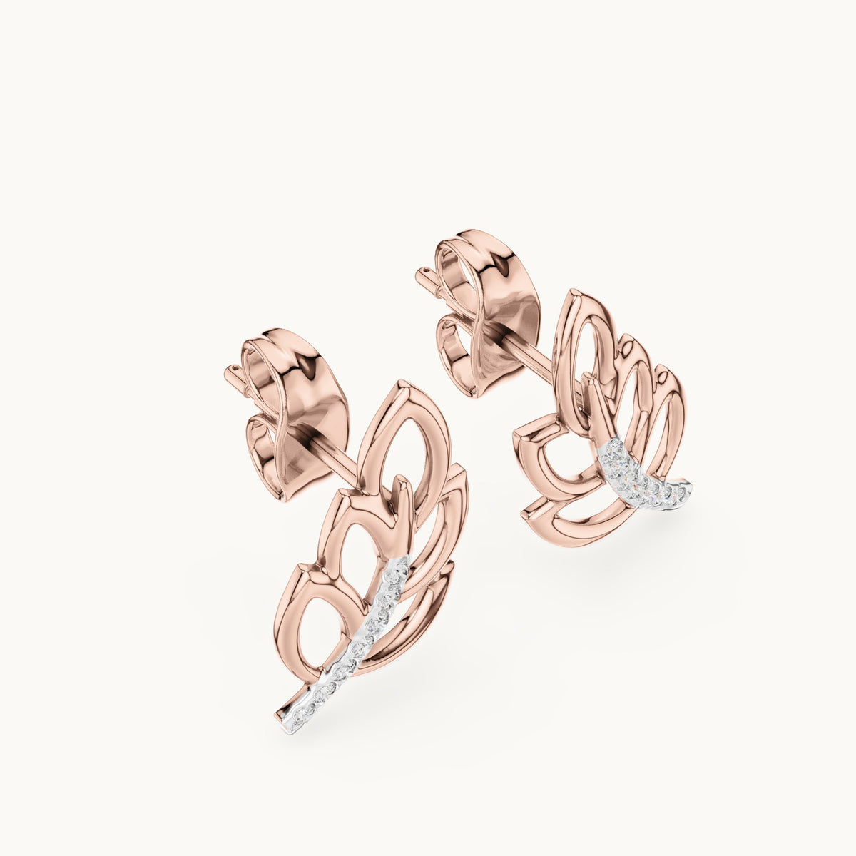 Round lab-grown diamond open leaf stud earrings in rose gold, 0.070 CT TW, view 2