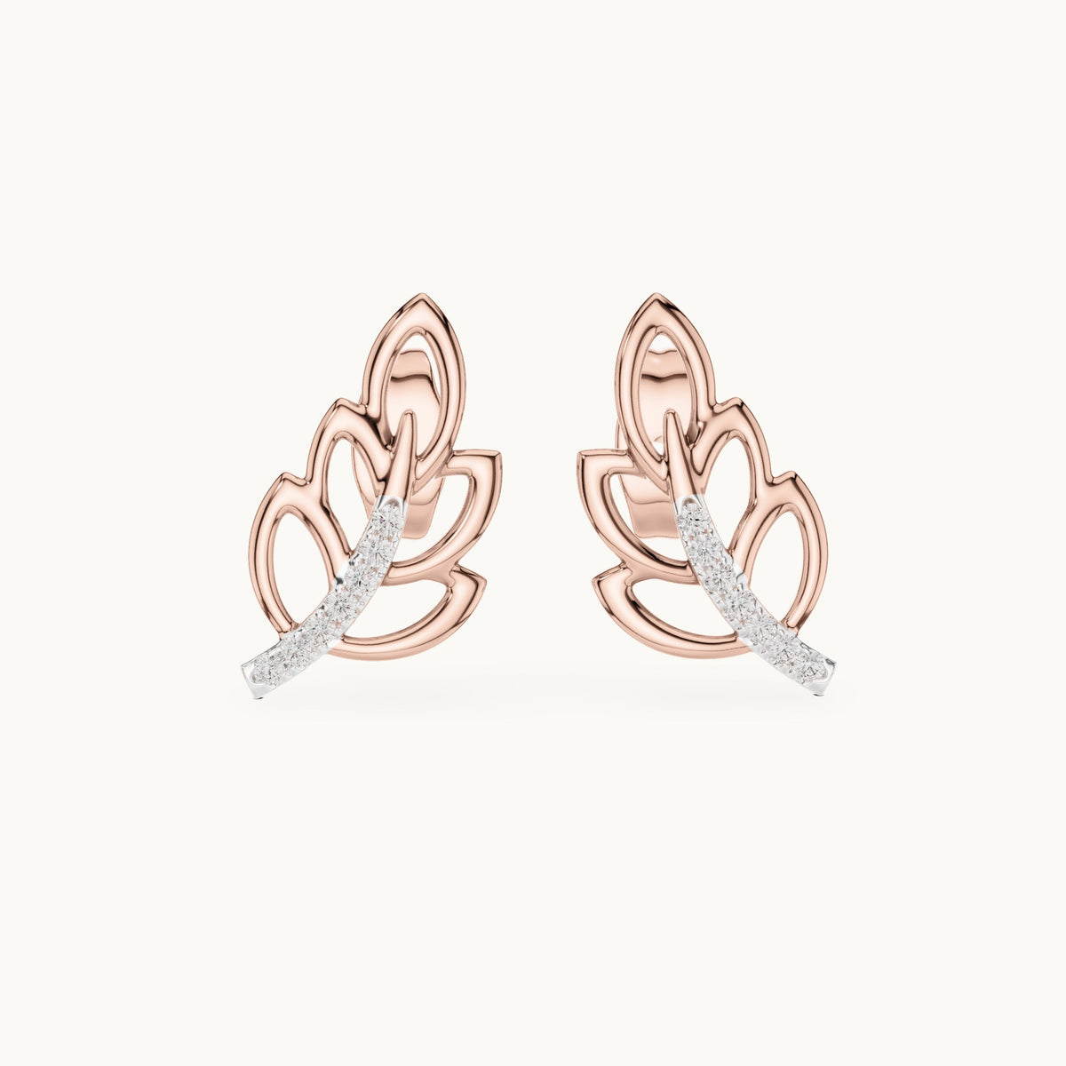 Round lab-grown diamond open leaf stud earrings in rose gold, 0.070 CT TW, view 4