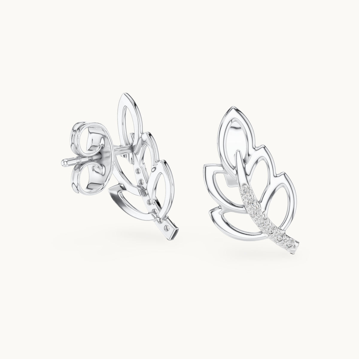 Round lab-grown diamond open leaf stud earrings in white gold, 0.070 CT TW, view 1