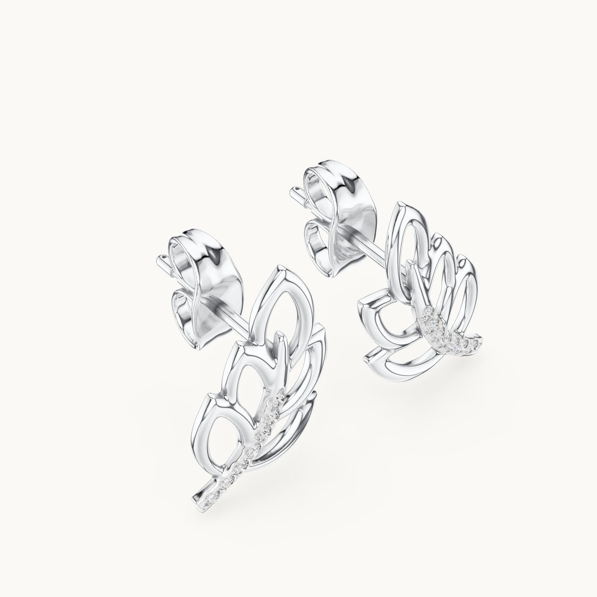Round lab-grown diamond open leaf stud earrings in white gold, 0.070 CT TW, view 2