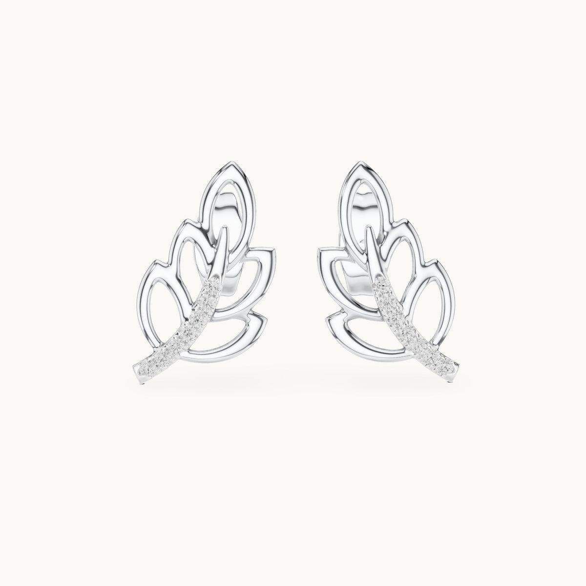 Round lab-grown diamond open leaf stud earrings in white gold, 0.070 CT TW, view 4