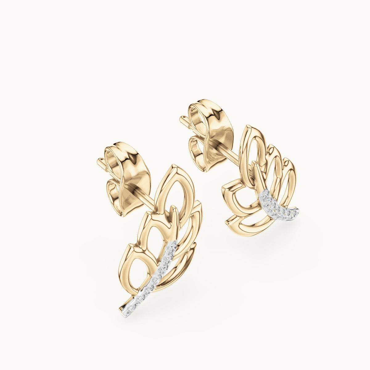 Round lab-grown diamond open leaf stud earrings in yellow gold, 0.070 CT TW, view 2