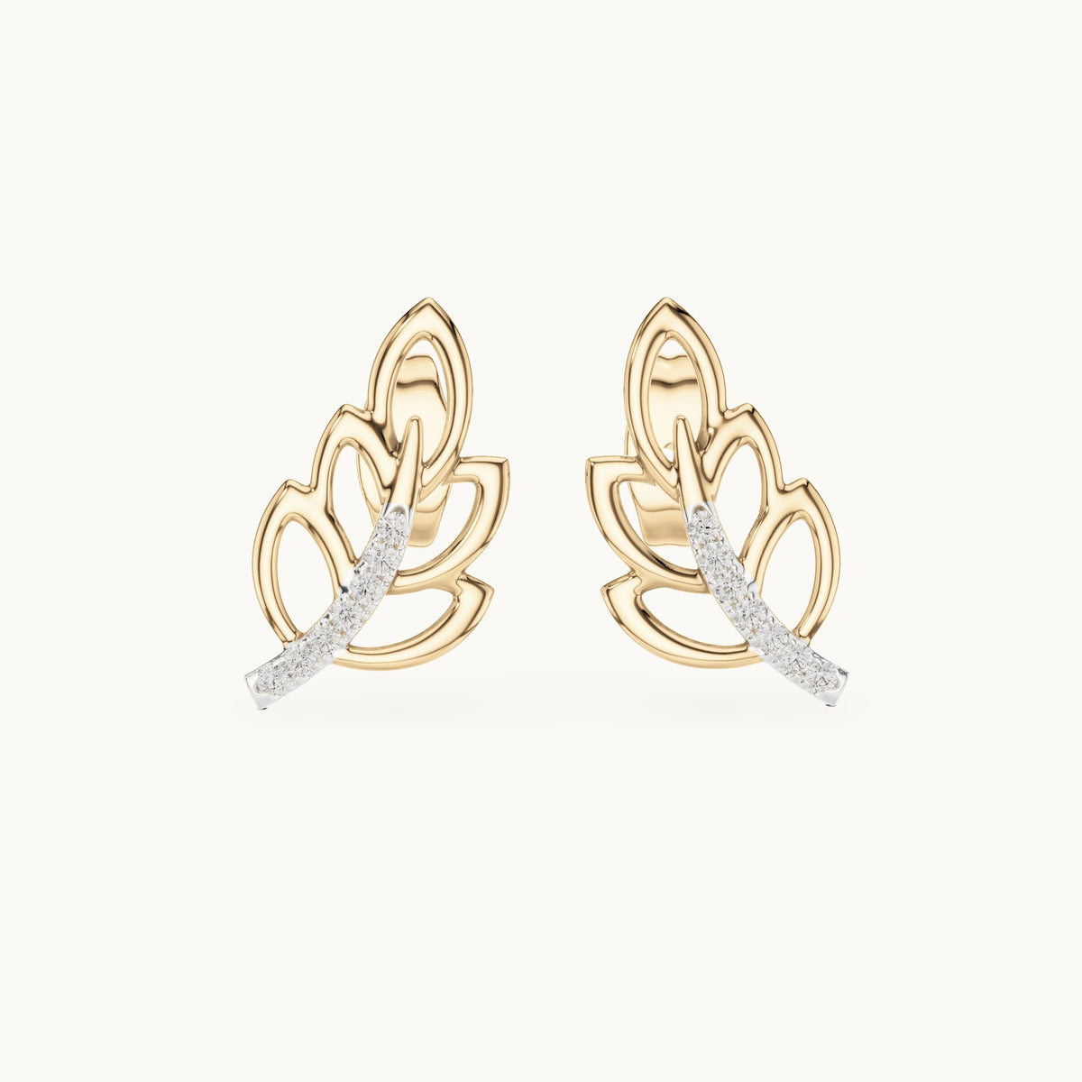 Round lab-grown diamond open leaf stud earrings in yellow gold, 0.070 CT TW, view 4