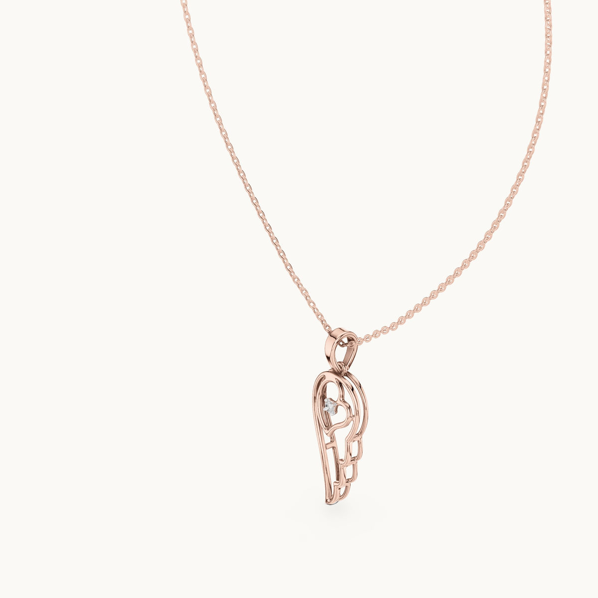 Round lab-grown diamond angel wing heart pendant in rose gold, 0.045 CT TW, view 2
