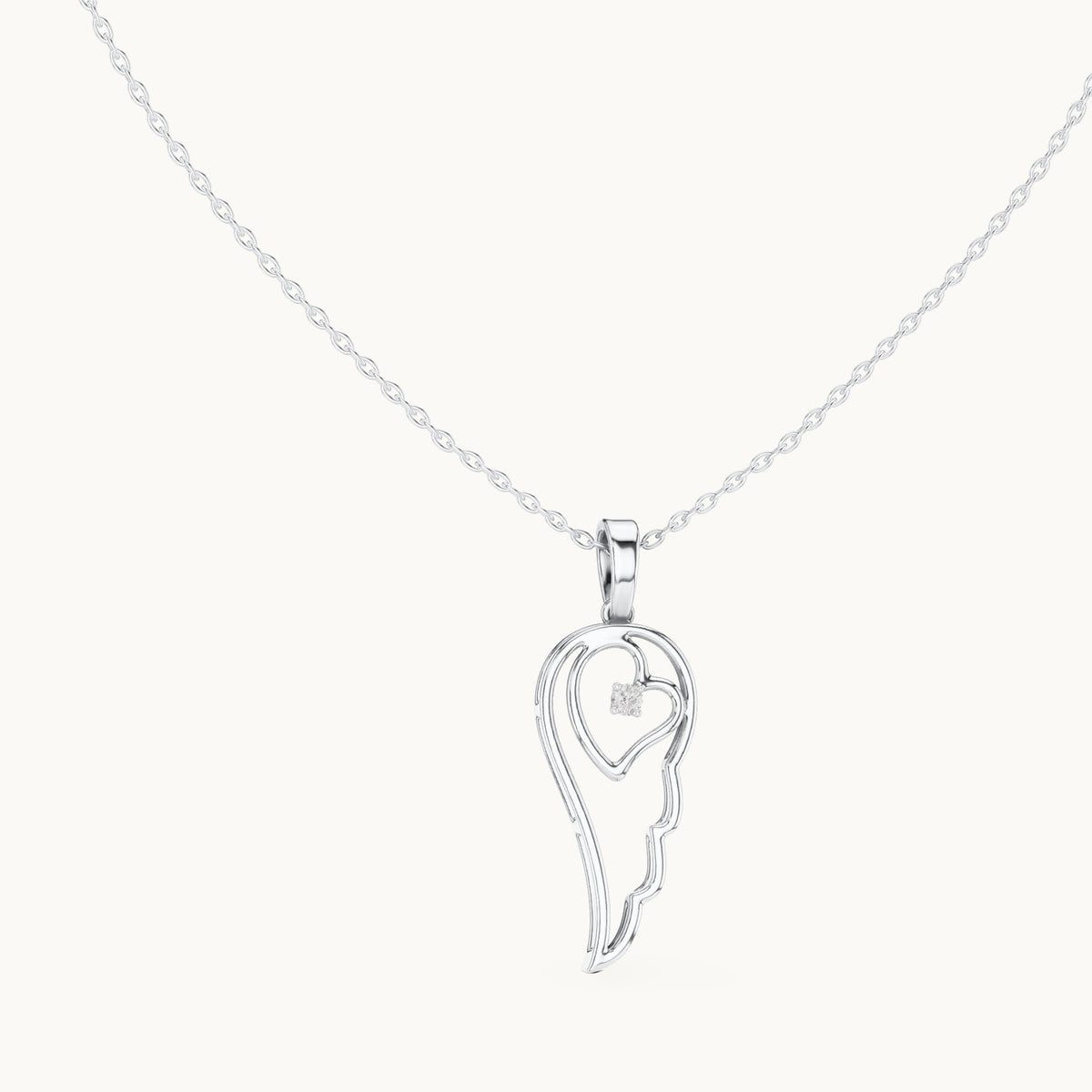 Round lab-grown diamond angel wing heart pendant in white gold, 0.045 CT TW, view 1