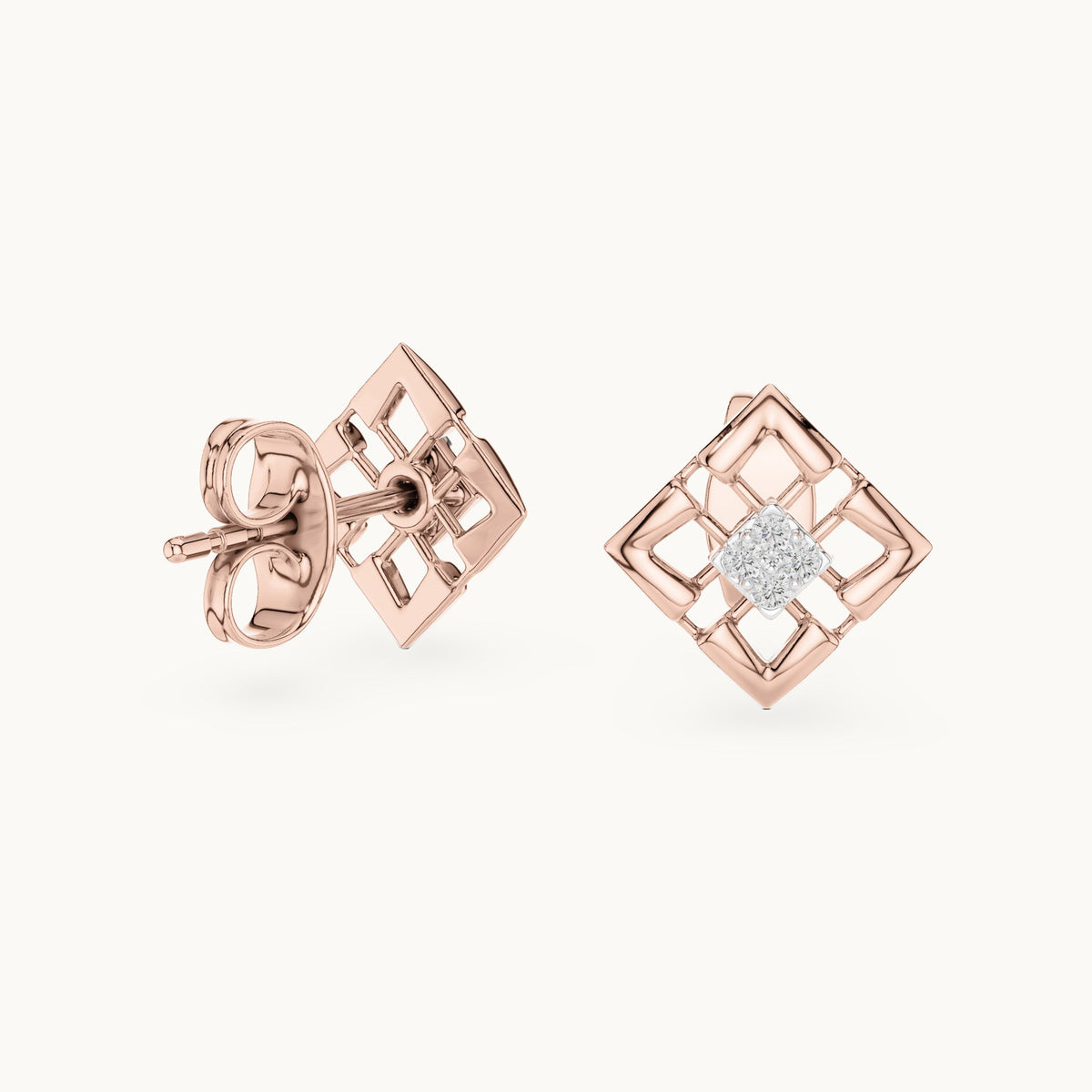 Round lab-grown diamond open lattice stud earrings in rose gold, 0.048 CT TW, view 1