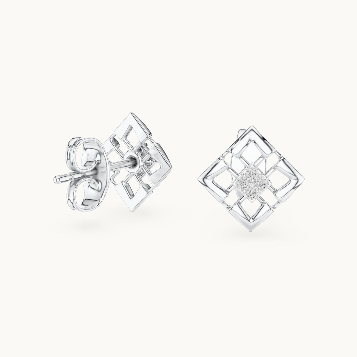Round lab-grown diamond open lattice stud earrings in white gold, 0.048 CT TW, view 1