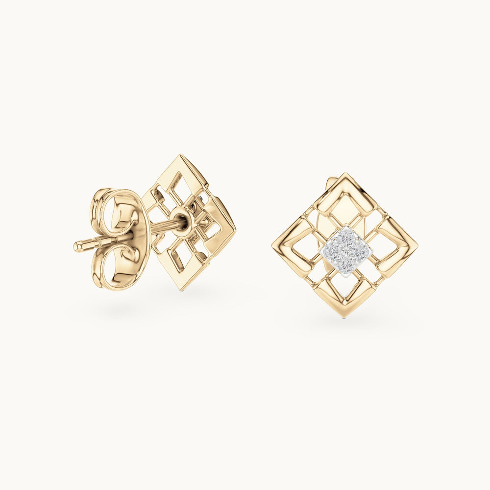 Round lab-grown diamond open lattice stud earrings in yellow gold, 0.048 CT TW, view 1