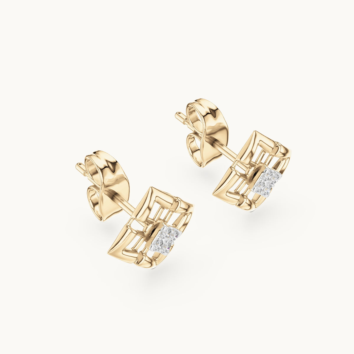 Round lab-grown diamond open lattice stud earrings in yellow gold, 0.048 CT TW, view 2