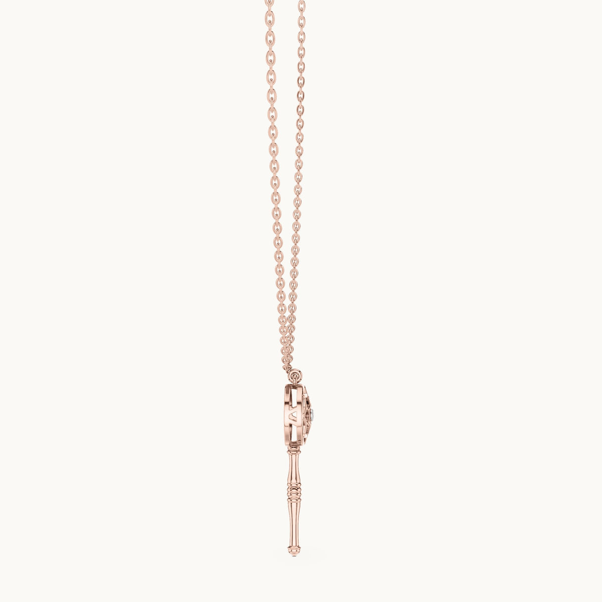Round lab-grown diamond filigree key pendant in rose gold, 0.008 CT TW, view 3