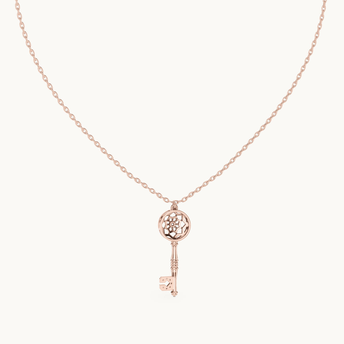 Round lab-grown diamond filigree key pendant in rose gold, 0.008 CT TW, view 4