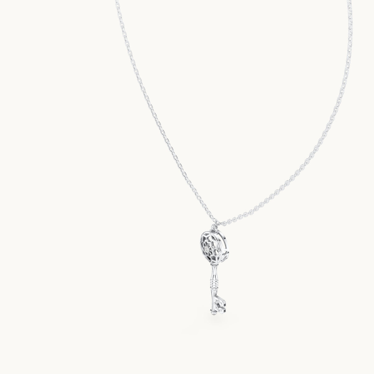 Round lab-grown diamond filigree key pendant in white gold, 0.008 CT TW, view 2