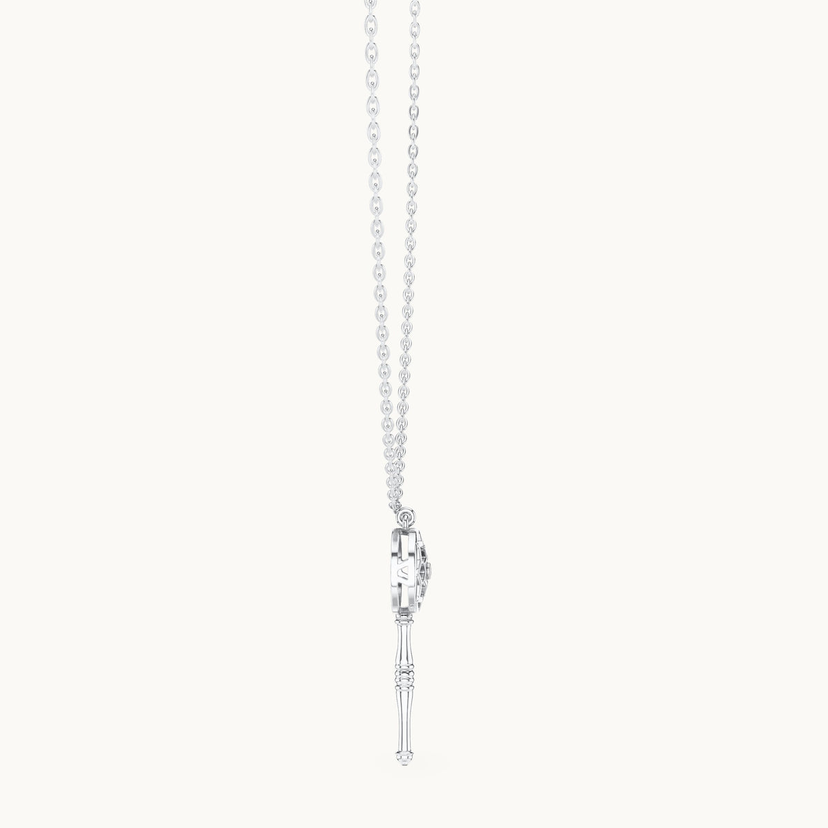 Round lab-grown diamond filigree key pendant in white gold, 0.008 CT TW, view 3