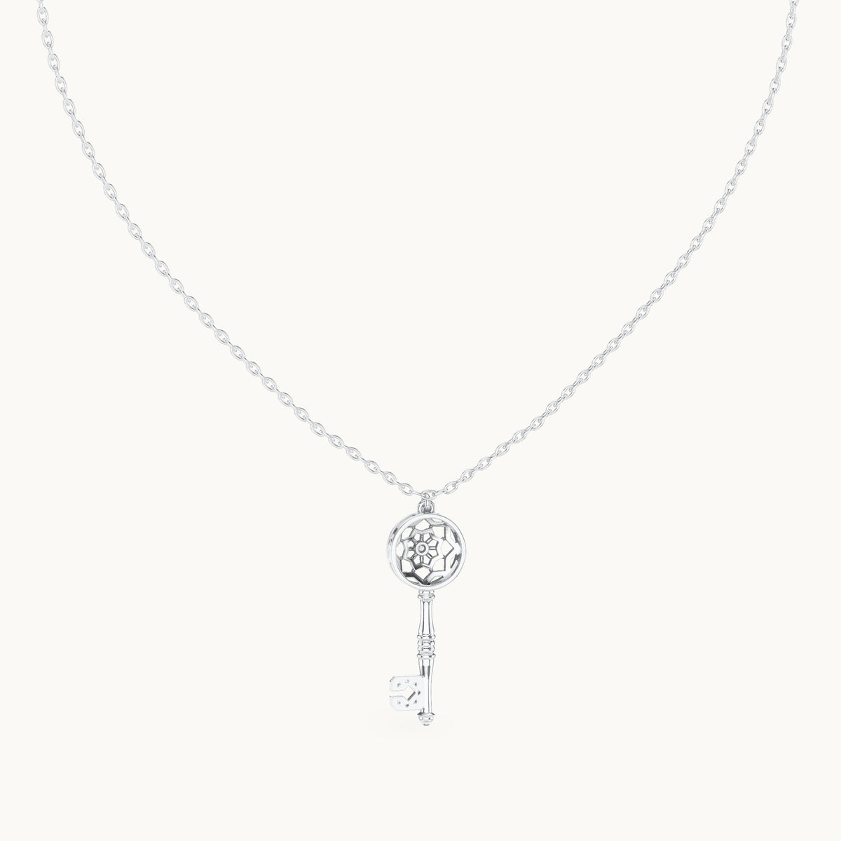 Round lab-grown diamond filigree key pendant in white gold, 0.008 CT TW, view 4