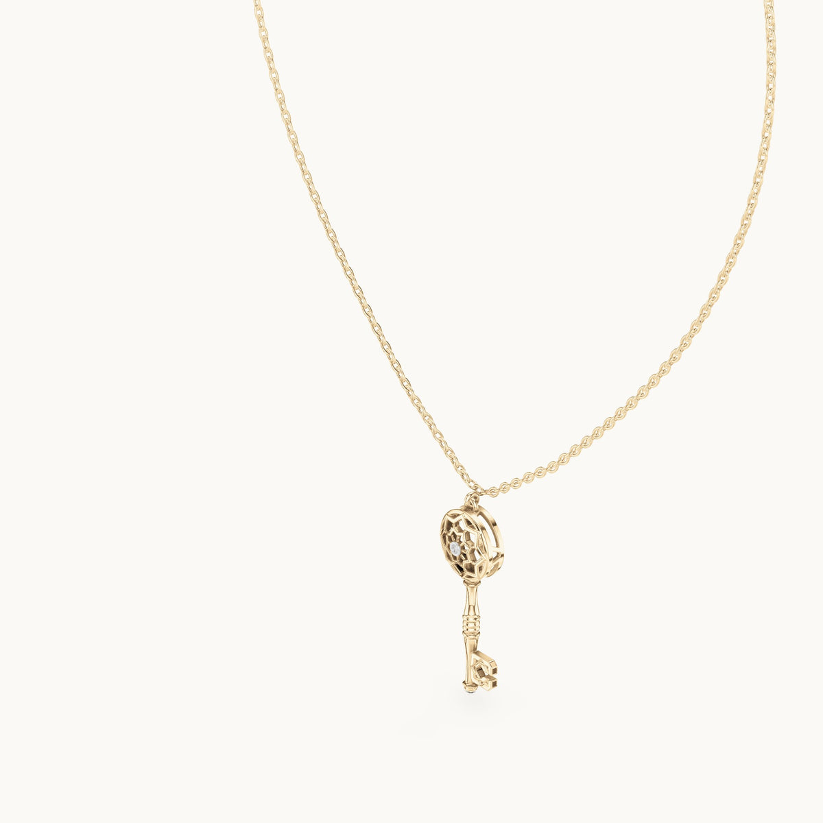 Round lab-grown diamond filigree key pendant in yellow gold, 0.008 CT TW, view 2