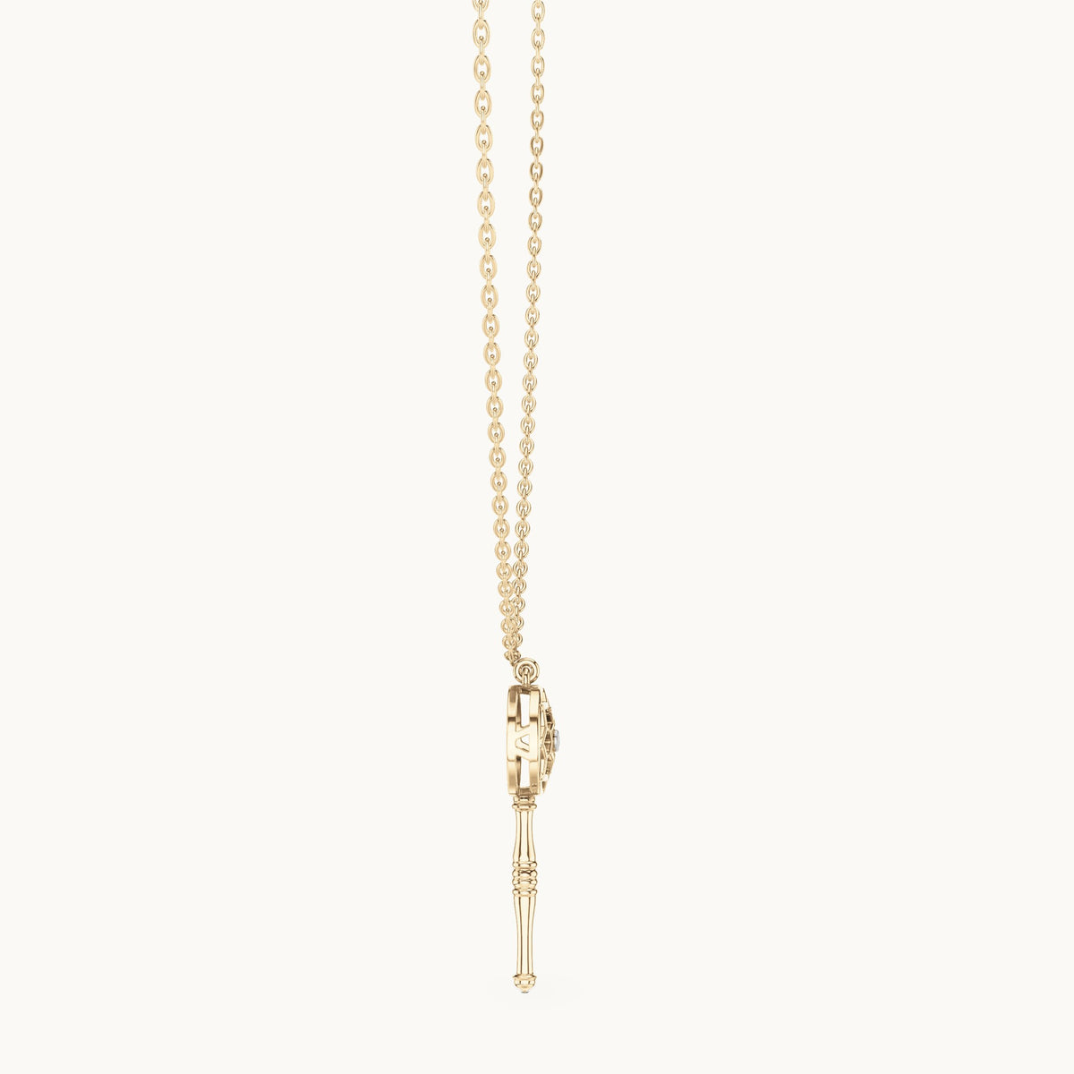 Round lab-grown diamond filigree key pendant in yellow gold, 0.008 CT TW, view 3