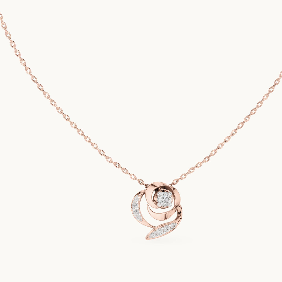 Round lab-grown diamond rose swirl pendant in rose gold, 0.35 CT TW, view 1