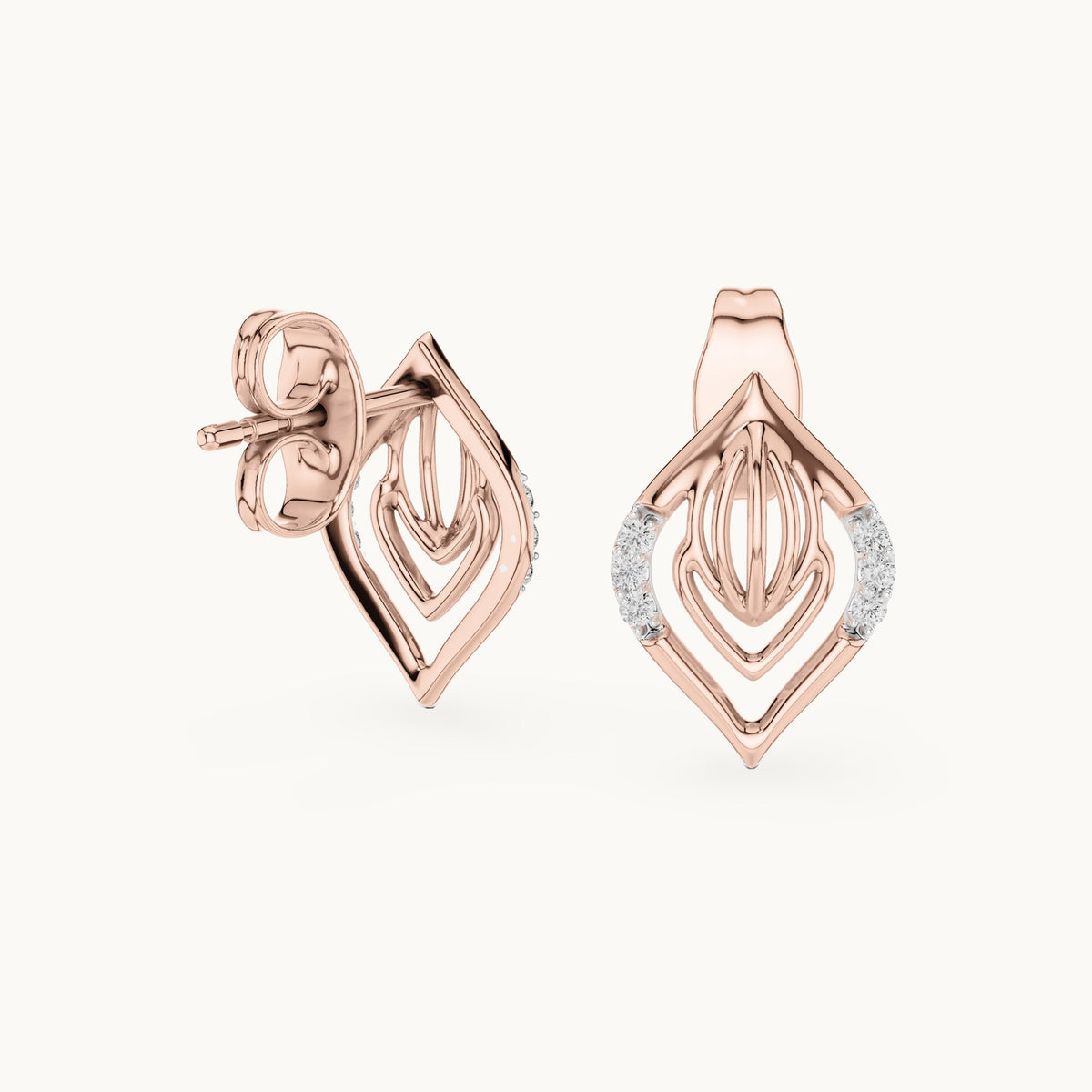 Round lab-grown diamond open marquise leaf stud earrings in rose gold, 0.060 CT TW, view 1