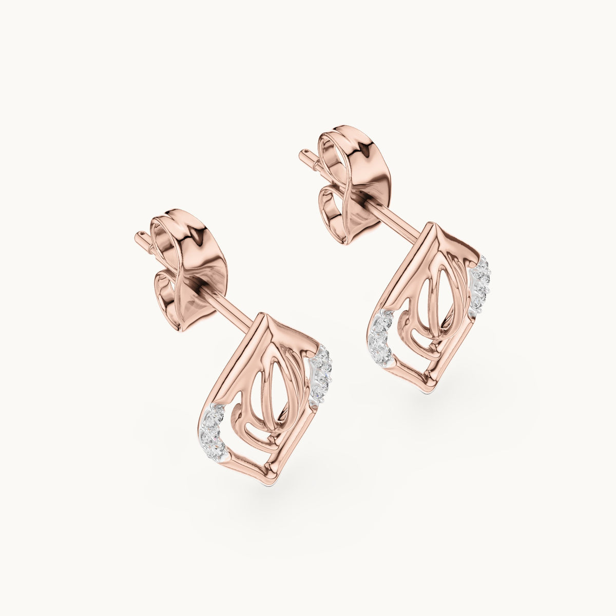 Round lab-grown diamond open marquise leaf stud earrings in rose gold, 0.060 CT TW, view 2