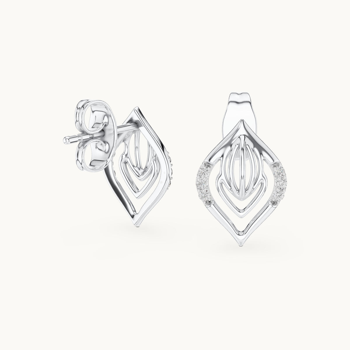 Round lab-grown diamond open marquise leaf stud earrings in white gold, 0.060 CT TW, view 1