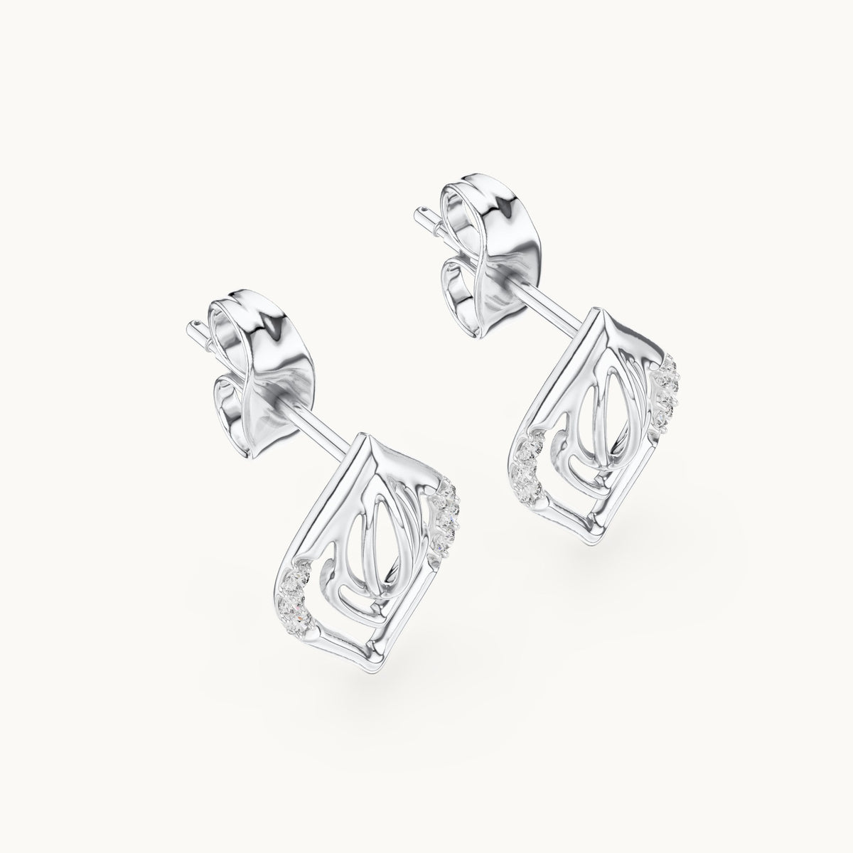 Round lab-grown diamond open marquise leaf stud earrings in white gold, 0.060 CT TW, view 2