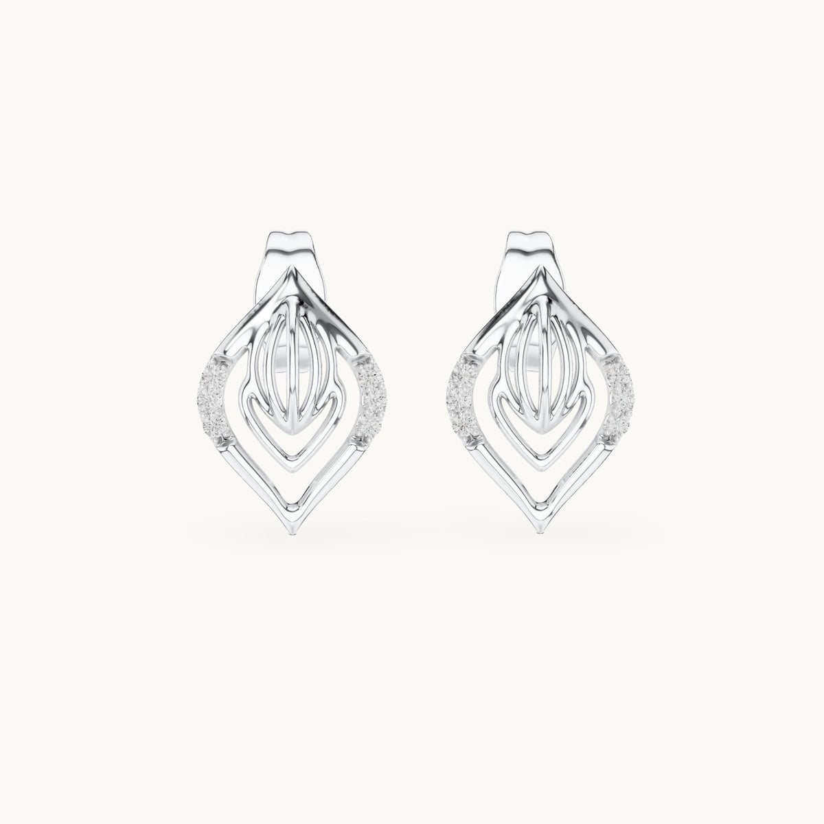 Round lab-grown diamond open marquise leaf stud earrings in white gold, 0.060 CT TW, view 4