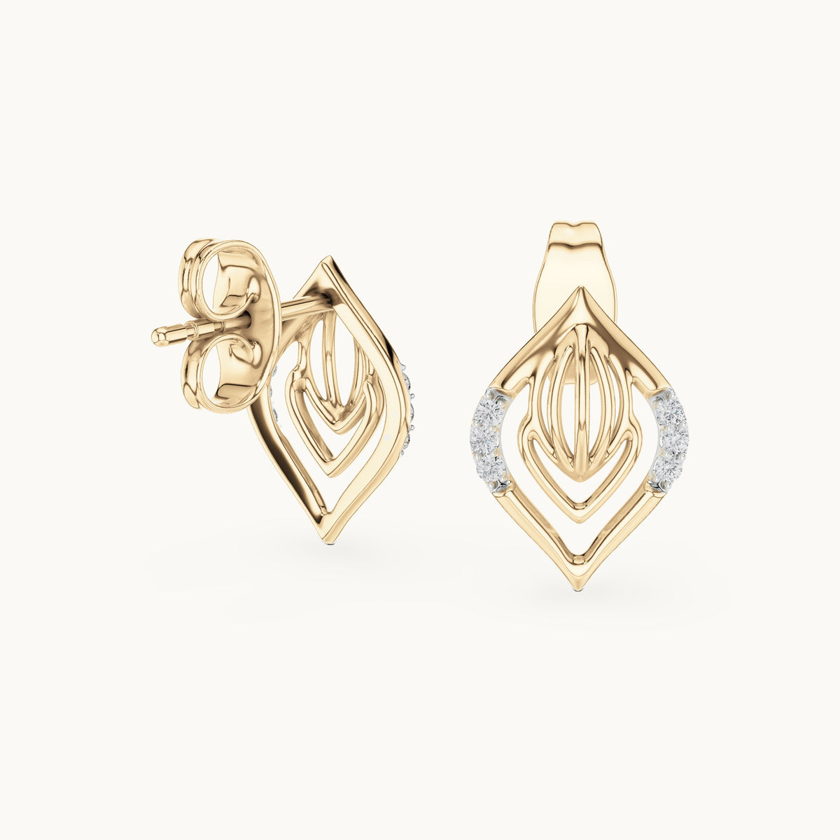 Round lab-grown diamond open marquise leaf stud earrings in yellow gold, 0.060 CT TW, view 1