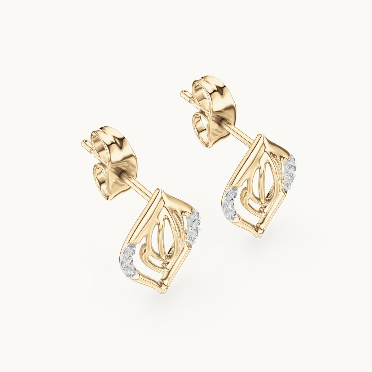 Round lab-grown diamond open marquise leaf stud earrings in yellow gold, 0.060 CT TW, view 2
