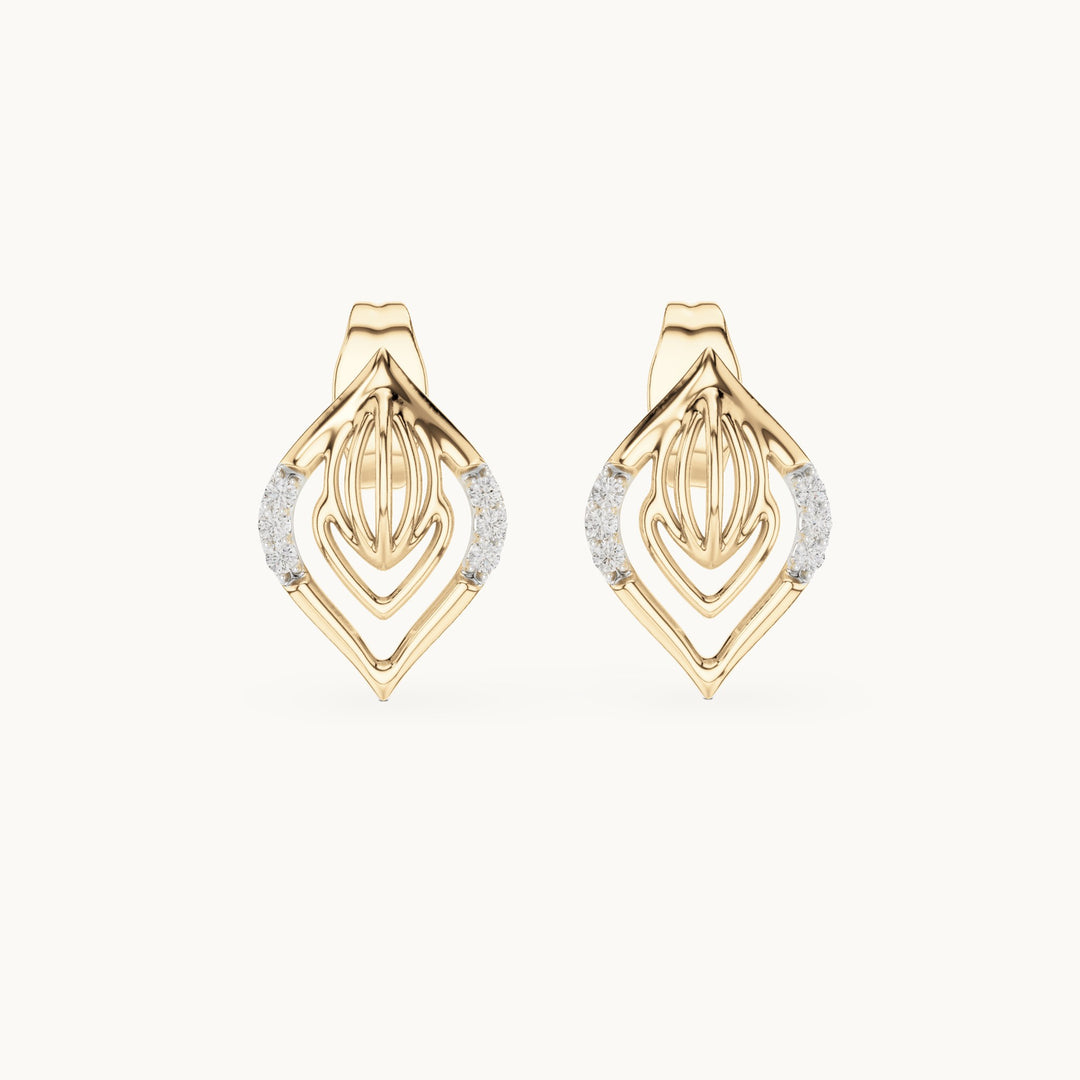 Round lab-grown diamond open marquise leaf stud earrings in yellow gold, 0.060 CT TW, view 4