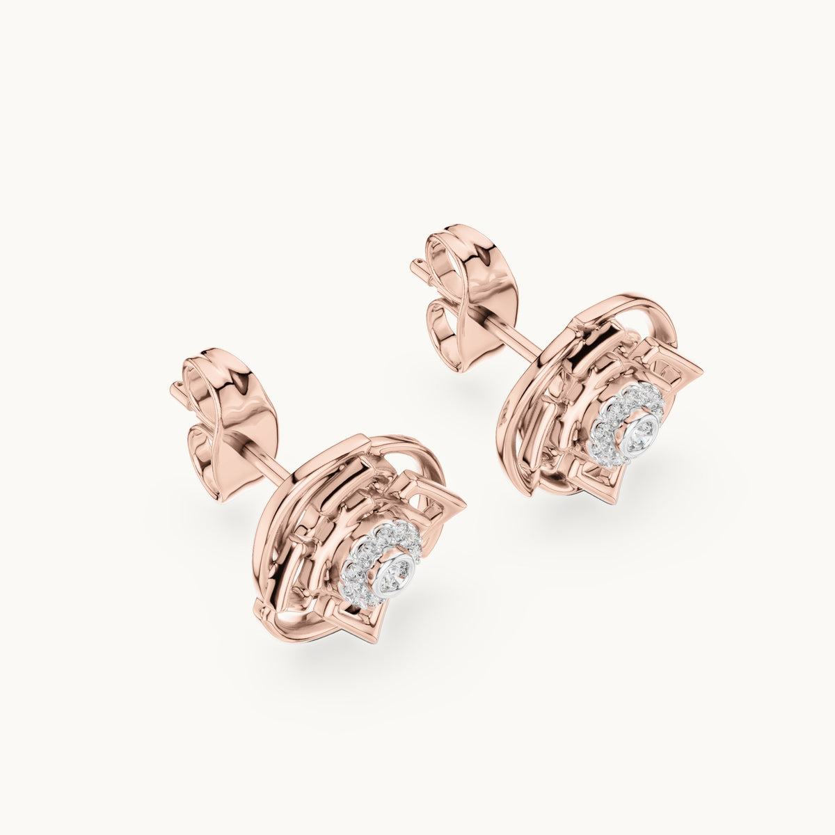 Round lab-grown diamond geometric halo stud earrings in rose gold, 0.096 CT TW, view 2