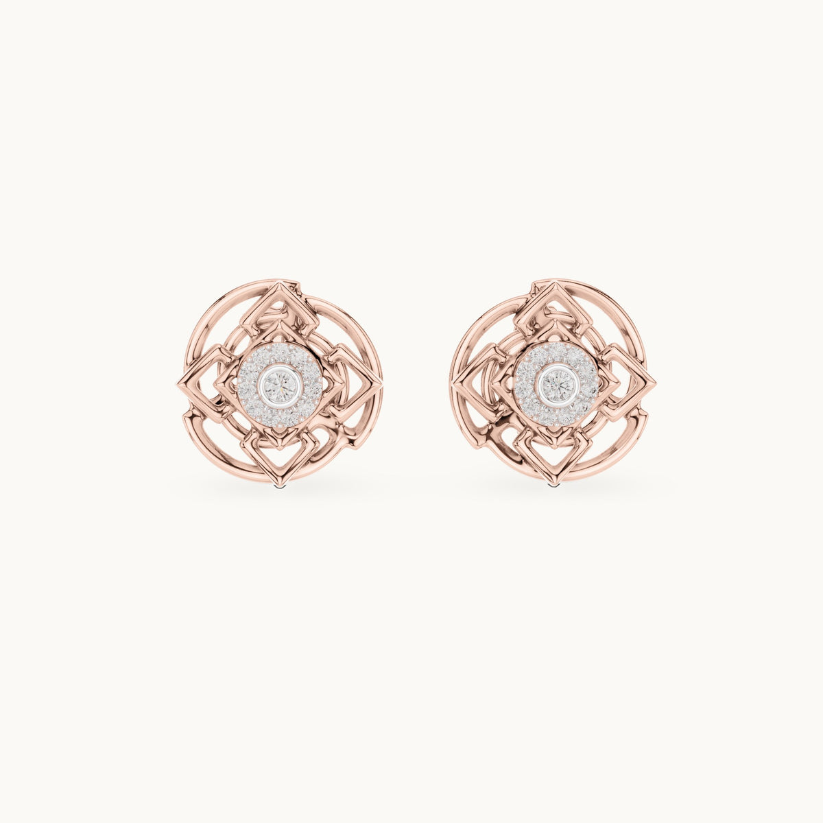 Round lab-grown diamond geometric halo stud earrings in rose gold, 0.096 CT TW, view 4