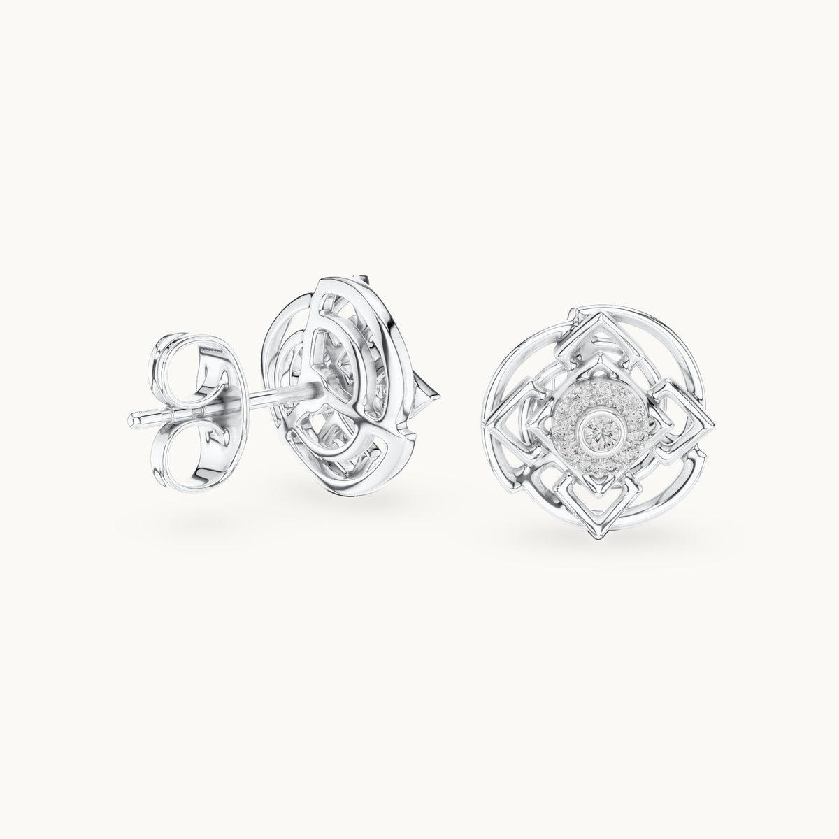Round lab-grown diamond geometric halo stud earrings in white gold, 0.096 CT TW, view 1