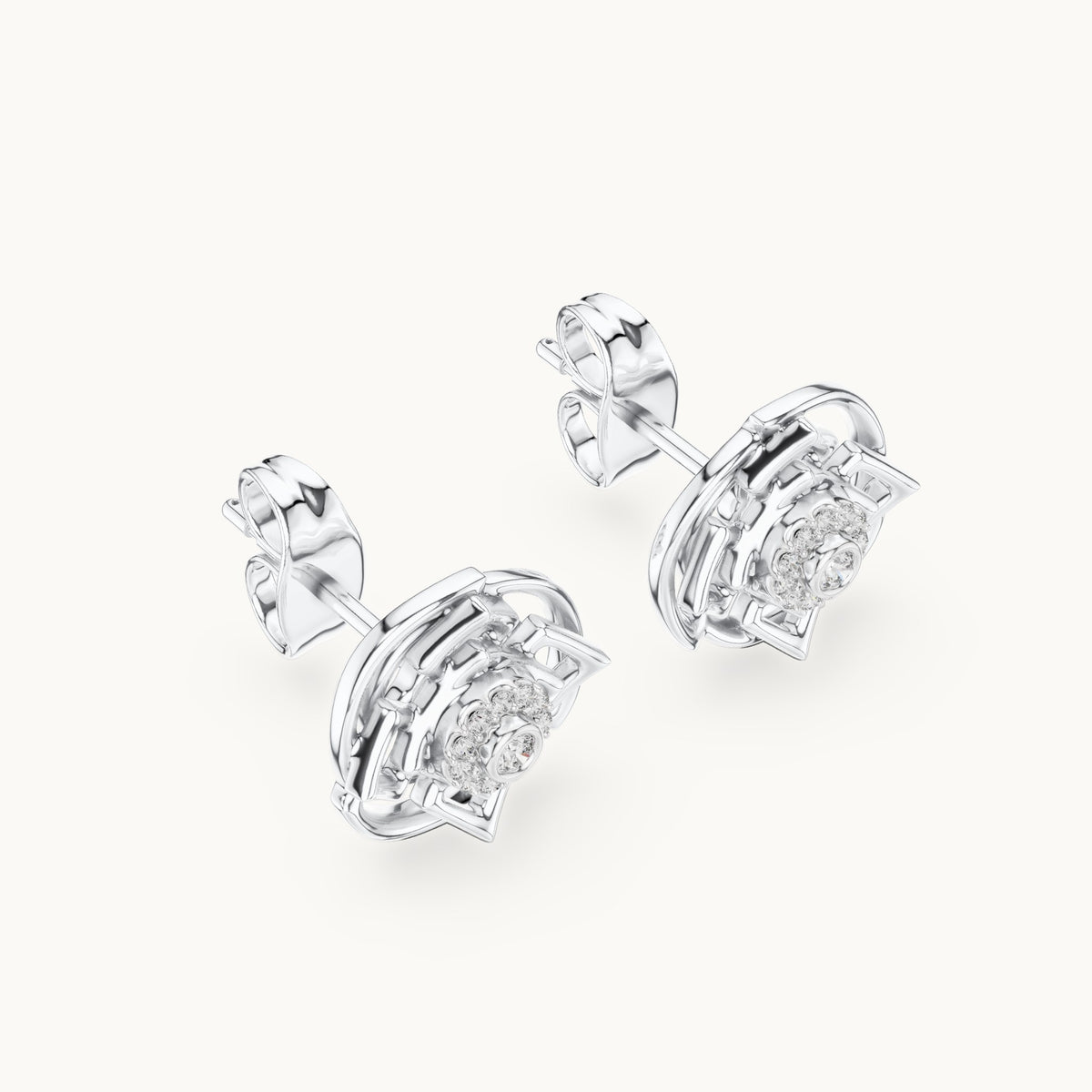 Round lab-grown diamond geometric halo stud earrings in white gold, 0.096 CT TW, view 2