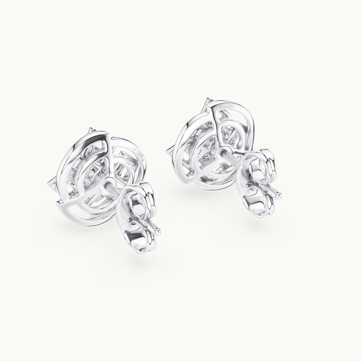 Round lab-grown diamond geometric halo stud earrings in white gold, 0.096 CT TW, view 3