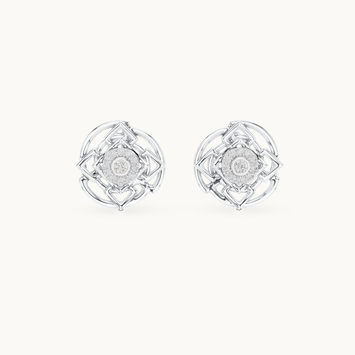 Round lab-grown diamond geometric halo stud earrings in white gold, 0.096 CT TW, view 4