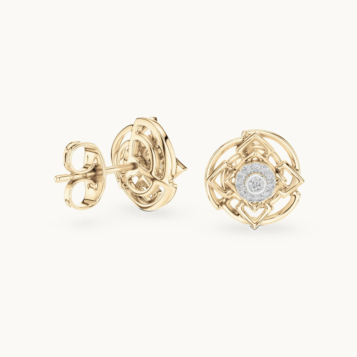 Round lab-grown diamond geometric halo stud earrings in yellow gold, 0.096 CT TW, view 1