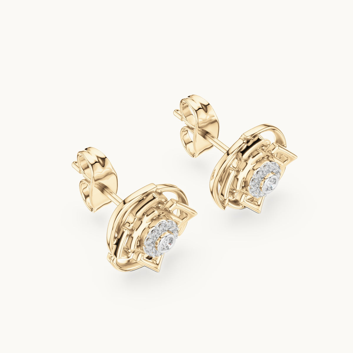 Round lab-grown diamond geometric halo stud earrings in yellow gold, 0.096 CT TW, view 2