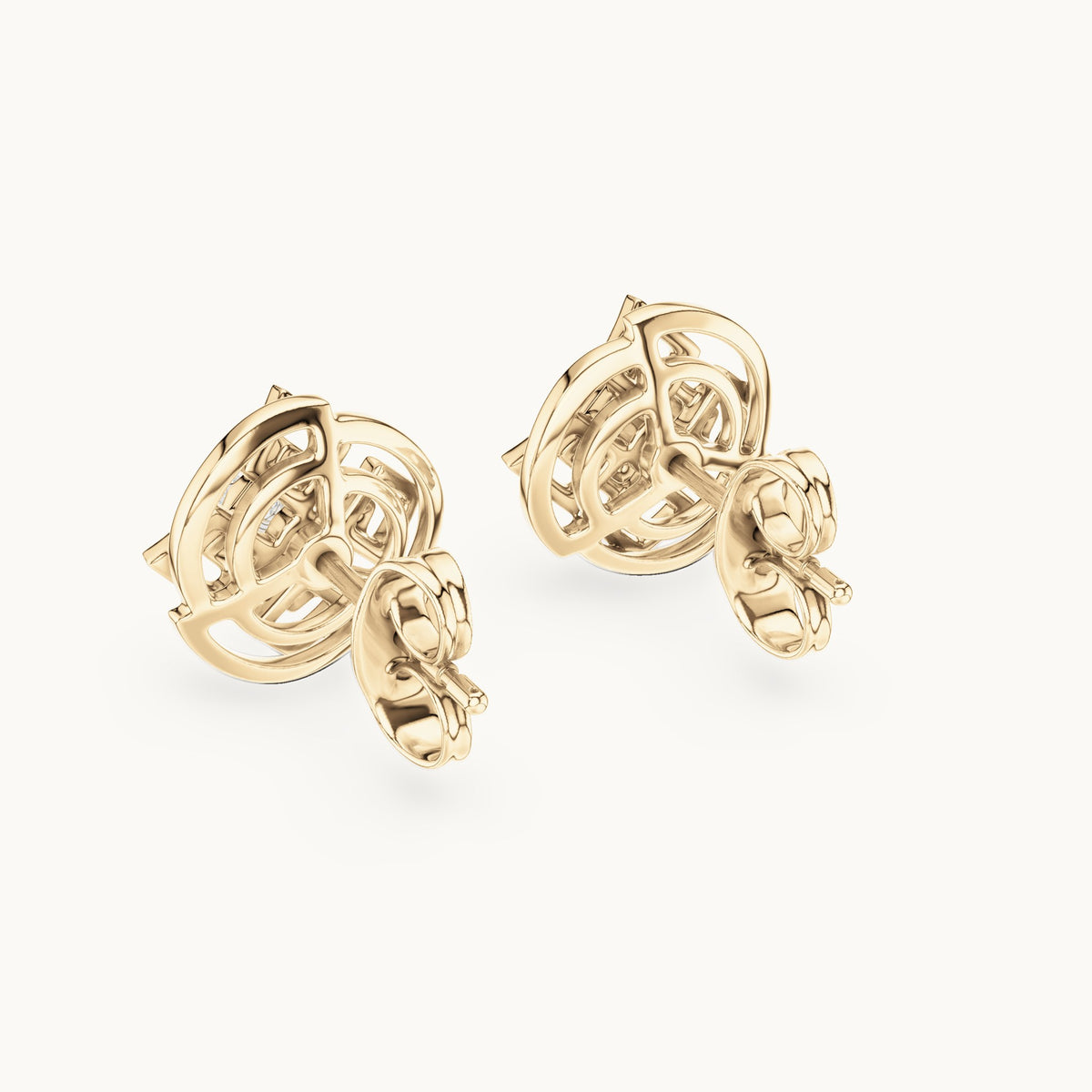 Round lab-grown diamond geometric halo stud earrings in yellow gold, 0.096 CT TW, view 3
