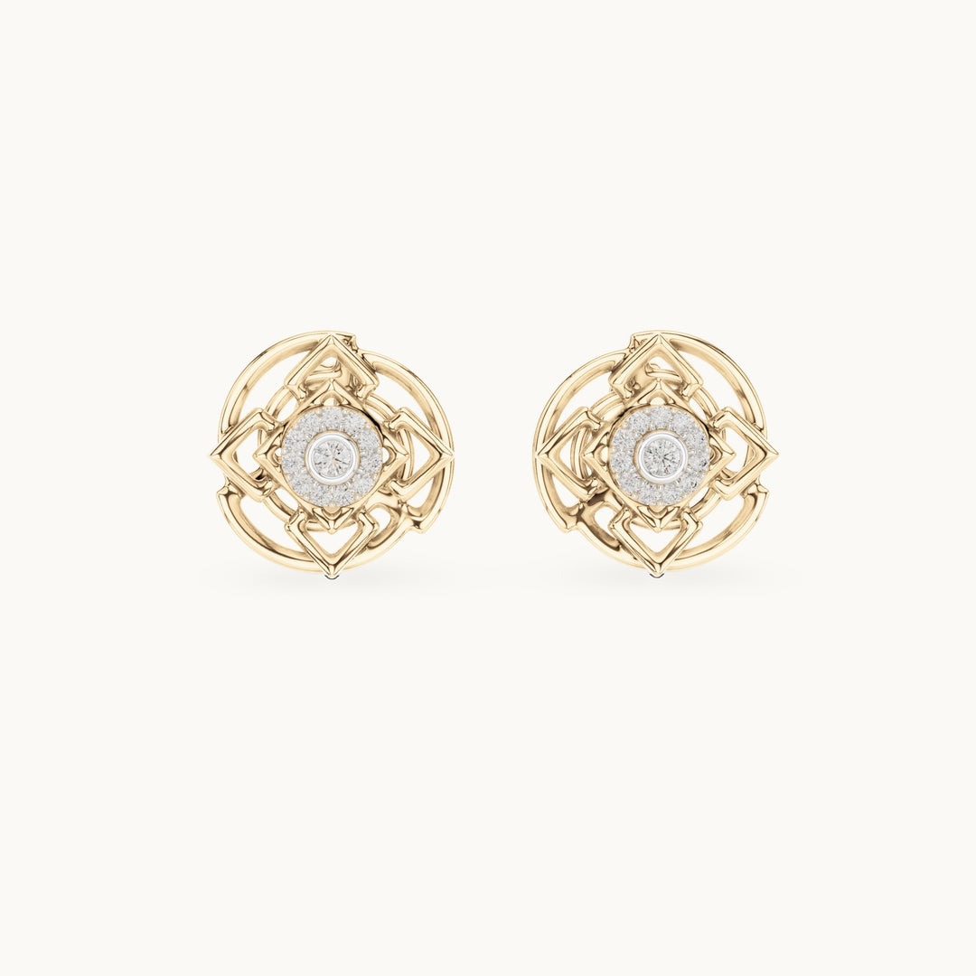 Round lab-grown diamond geometric halo stud earrings in yellow gold, 0.096 CT TW, view 4