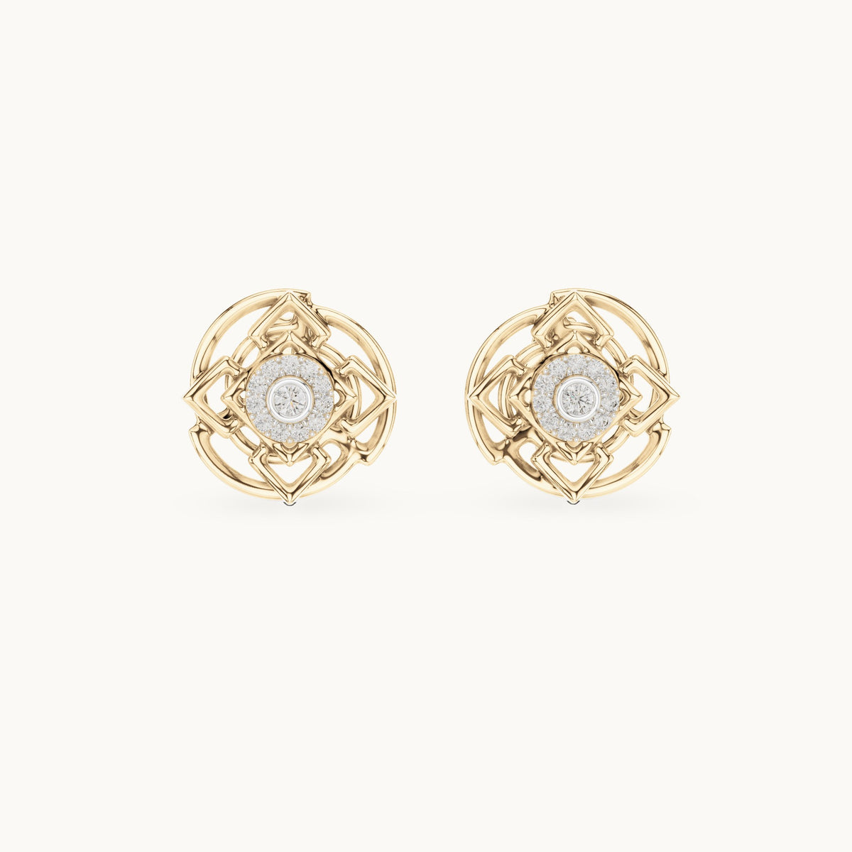 Round lab-grown diamond geometric halo stud earrings in yellow gold, 0.096 CT TW, view 4