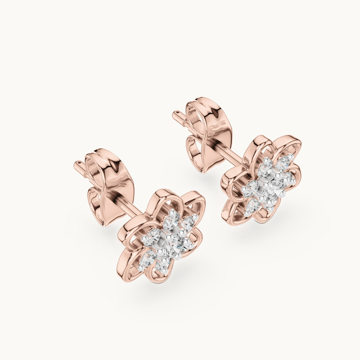 Round lab-grown diamond open flower cluster stud earrings in rose gold, 0.17 CT TW, view 2